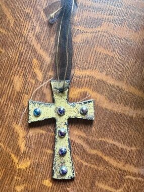 Distressed Gold Cross Wall Hanging with Iridescent Studs